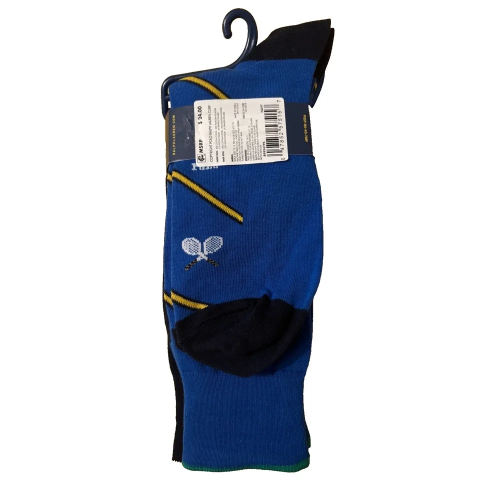NWT Polo Ralph Lauren Men's 2 Pairs Polo Bear Striped Crew Socks Shoe Size 6-12.